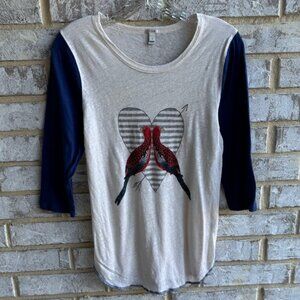 J. Crew 100% Linen 3/4 Sleeve "Love Birds" Print T-Shirt Women's Size S.